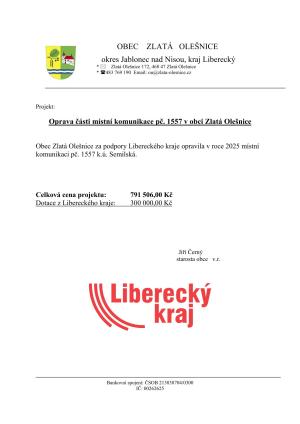 Oprava části místní komunikace 1557&nbsp;v obci Zlatá Olešnice