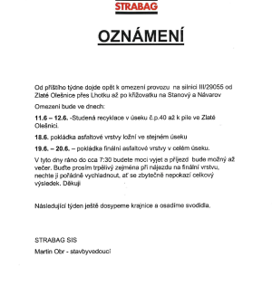 omezení provozu ve dnech 11.- 12. 6., 18. 6. a 19.-20. 6.